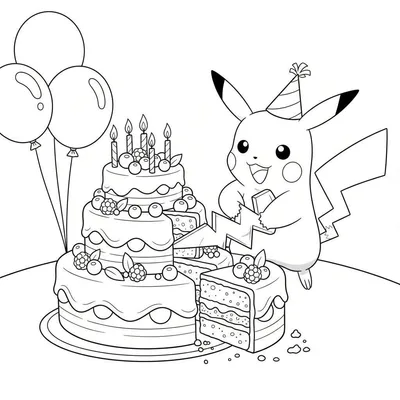Kleurplaat van Pikachu met een feestmuts, glimlachend en een bliksemvormig stuk taart vasthoudend naast een grote drielaagse verjaardagstaart met vijf kaarsjes en bessen, met drie ballonnen op de achtergrond.