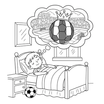 Kleurplaat van een slapende jongen die droomt van voetbalroem in een PEC Zwolle stadion, inclusief een gekroonde voetbal. Een voetbal ligt op de grond naast zijn bed.