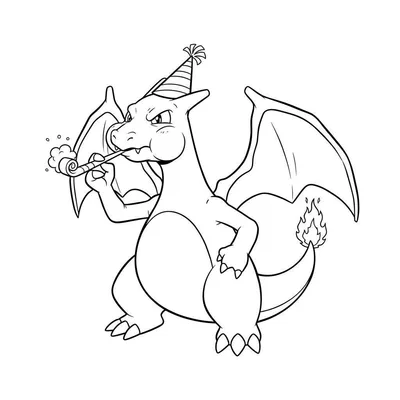 Zwart-witte lijntekening van Charizard met feesthoedje en toeter, staand met gespreide vleugels.
