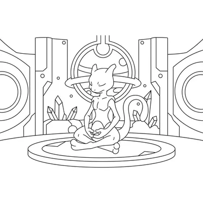 Zwart-wit kleurplaat van Mewtwo die mediteert in kleermakerszit op een rond platform, omringd door scherpgevormde kristallen en geometrische, futuristische structuren.