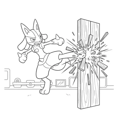 Zwart-wit kleurplaat van Lucario die een krachtige zijwaartse trap uitvoert tegen een houten plank, die verbrijzelt in splinters.
