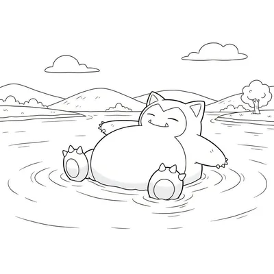 Zwart-wit kleurplaat van Snorlax die ontspannen op zijn rug drijft in het water, met gesloten ogen en een glimlach. Zijn armen en benen zijn gespreid, omringd door waterkringen. Op de achtergrond zijn bergen, wolken en een kleine boom op de oever te zien.