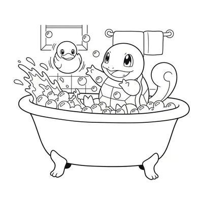 Lijntekening van Squirtle, een Pokémon, die blij in een badkuip vol zeepbellen zit, met een geel rubberen eendje ernaast. Op de achtergrond zijn badkamertegels en een handdoekrek te zien. Bedoeld als kleurplaat.