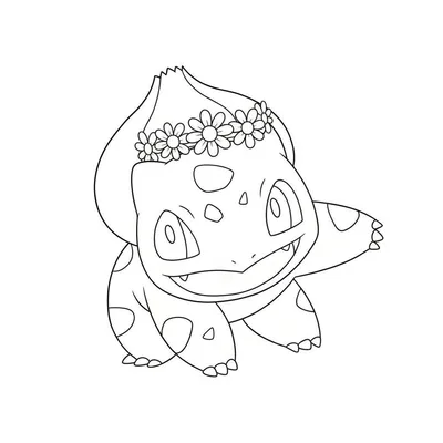 Zwart-wit lijntekening van een lachende Bulbasaur Pokémon met een bloemenkrans van madeliefjes rond zijn bol, klaar om in te kleuren.