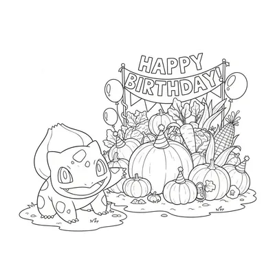 Zwart-witte Bulbasaur kleurplaat met herfstig verjaardagsthema. Bulbasaur lacht en zwaait naast een stapel pompoenen, groenten, ballonnen en een 'HAPPY BIRTHDAY!' slinger.