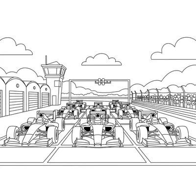 Zwart-wit kleurplaat van een Formule 1-racecircuit met Red Bull-achtige raceauto's op de startgrid, tribunes en pitgebouwen, klaar voor de start.