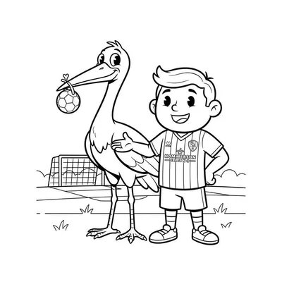 Kleurplaat van een lachende jongen in ADO Den Haag voetbaltenue en een blije ooievaar die een voetbal vasthoudt, met een voetbaldoel op de achtergrond.