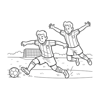 Zwart-wit lijntekening van twee jongens die voetbal spelen. De jongen links staat met gespreide armen bij een voetbal op een grasveld. De jongen rechts springt in de lucht. Op de achtergrond is een voetbaldoel zichtbaar.