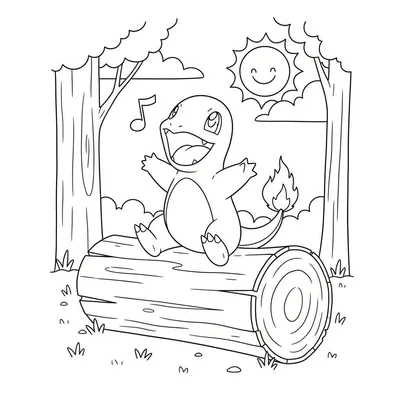 Schattige Charmander kleurplaat: een breed lachende Charmander zit zingend op een boomstam in een zonnig bos met bomen, gras, een lachende zon en wolken.