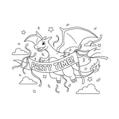 Kleurplaat van een vrolijke, vliegende Charizard met een "PARTY TIME!" banner, omringd door feestversiering.