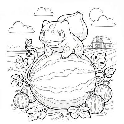 Zwart-wit kleurplaat van Bulbasaur glimlachend op een grote watermeloen, met kleinere meloenen, planten, een boerderij, heuvels en zon op de achtergrond.