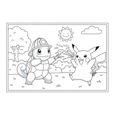 Kleurplaat van Squirtle met brandweerhelm die water spuit op een lachende Pikachu, met boom, wolk en lachende zon op de achtergrond en gras op de voorgrond.