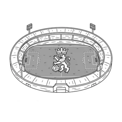Zwart-wit kleurplaat van het Willem II voetbalstadion vanuit bovenaanzicht. Ovaal stadion met tribunes, voetbalveld met lijnen, doelen, twee lichtmasten en een centraal embleem van een gekroonde leeuw die een voetbal vasthoudt.