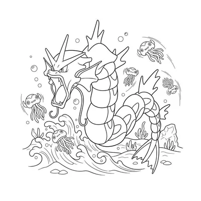 Een zwart-witte kleurplaat van een woeste Gyarados die met geopende bek uit het water springt, omringd door vijf geschrokken Jellicent, met luchtbellen, golven en zeebodemdetails.