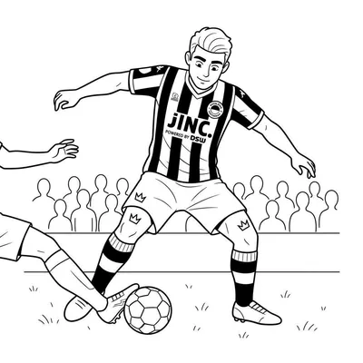 Zwart-wit kleurplaat van een Excelsior voetballer die dribbelt met de bal, gekleed in een gestreept shirt met JINC/DSW-logo's en kroonsymbolen. Een tegenstander en supporters zijn op de achtergrond zichtbaar.