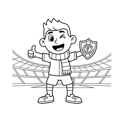 Kleurplaat van een vrolijke Feyenoord voetballer jongen met gestreepte sjaal, knipoog, duim omhoog en schild met 'F' in voetbalstadion.
