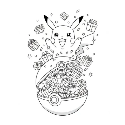 Zwart-wit lijntekening van een vrolijke Pikachu die met open armen uit een Pokébal vol cadeautjes springt, omringd door zwevende geschenken en feestelijke decoraties.