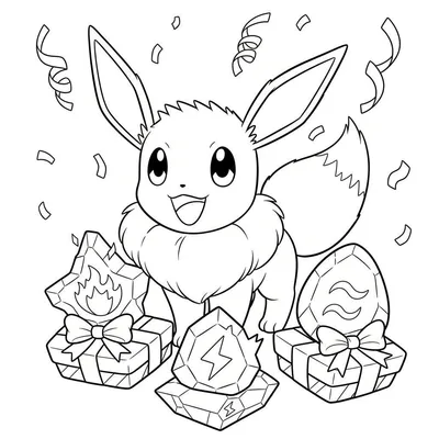 Zwart-wit kleurplaat van een lachende Eevee omringd door Vuur-, Onweer- en Waterstenen en feestelijke confetti.
