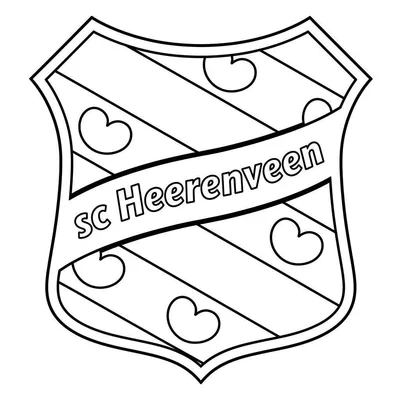 Zwart-wit kleurplaat van het sc Heerenveen logo: een schild met diagonale strepen, zeven pompeblêden en een lint met "sc Heerenveen".