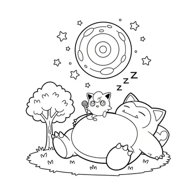 Kleurplaat van een slapende Snorlax met Jigglypuff op zijn buik, microfoon in de hand, onder een nachtelijke maan en sterren.