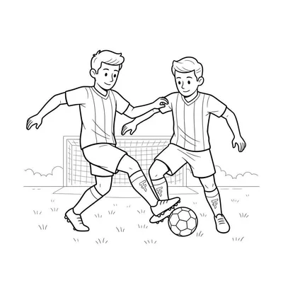 Zwart-wit lijntekening van twee lachende jongens die voetballen, één dribbelt de bal terwijl de ander probeert af te pakken. Een voetbaldoel staat op de grasrijke achtergrond. Fortuna Sittard kleurplaat.