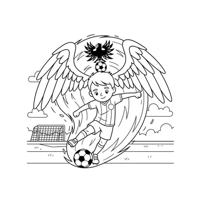 Kleurplaat van een voetballende jongen in actie met een dubbelkoppige adelaar en dynamische vleugels op de achtergrond, symboliserend Go Ahead Eagles kracht en snelheid.