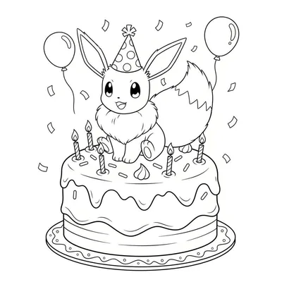 Zwart-wit kleurplaat van een vrolijke Eevee Pokémon met puntmuts, zittend op een twee-laagse verjaardagstaart met zes brandende kaarsjes, omringd door ballonnen en vallende confetti.