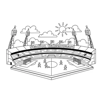 Zwart-wit lijntekening kleurplaat van Stadion Galgenwaard met voetballers op het veld, lichtmasten, vlaggen en de naam 'Stadion Galgenwaard' op de tribune.