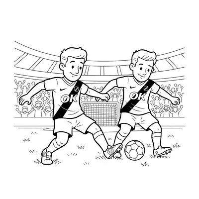 Zwart-wit kleurplaat van twee jonge, glimlachende voetballers in actie op een grasveld, met het 'OK' logo op hun shirts. Op de achtergrond een juichend stadionpubliek en een voetbaldoel. De bal ligt bij de rechterspeler, wat de energieke sfeer van een NAC Breda wedstrijd vangt.
