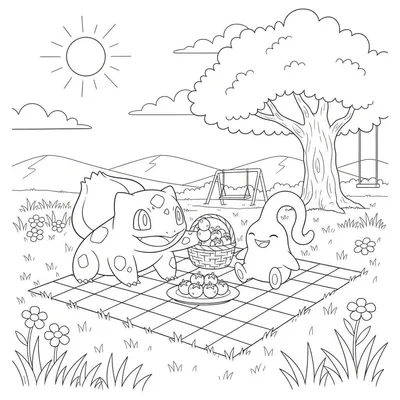 Zwart-wit kleurplaat van Bulbasaur en Goomy die picknicken in een park met gras, bloemen, een picknickmand, een speeltuin met schommel, een boom, heuvels en een zonnige hemel met wolken.