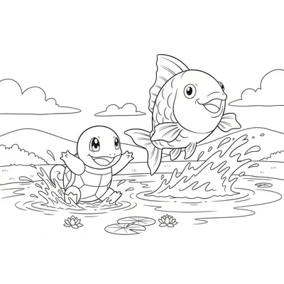 Zwart-wit kleurplaat van een lachende Squirtle-achtige schildpad en een vrolijke vis die in een vijver vol waterlelies spelen, met heuvels en wolken op de achtergrond.