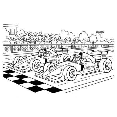 Zwart-wit kleurplaat van een Formule 1 racebaan met twee raceauto's (nummers 77 en 11) bij de startlijn, en een juichend publiek.