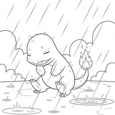 Zwart-wit kleurplaat van een lachende Charmander met gesloten ogen in de zachte regen, met plassen op de grond en zijn vlam intact.