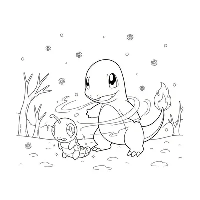 Zwart-wit kleurplaat van Charmander die warme adem uitblaast naar Caterpie in de sneeuw, met sneeuwvlokken en kale takken op de achtergrond. Charmander's staartvlam is duidelijk zichtbaar.
