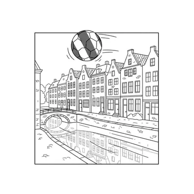 Zwart-wit kleurplaat van een stadsgezicht met een vliegende voetbal boven grachtenpanden, een gracht en een boogbrug. Thema: FC Groningen.