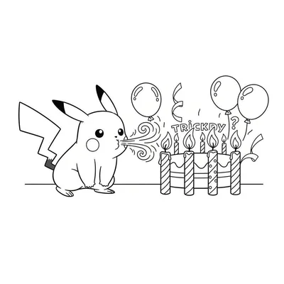 Zwart-wit kleurplaat van Pikachu die zes kaarsjes op een verjaardagstaart uitblaast. Drie ballonnen zweven boven de taart en de tekst 'TRICKAY?' is zichtbaar.