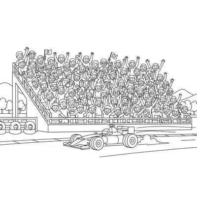 Zwart-wit lijntekening van een Formule 1 Red Bull raceauto op het circuit, met een grote tribune vol juichend publiek, zwaaiend met vlaggen en bordjes (o.a. 'G.P.', '8'). Op de achtergrond zijn heuvels en bomen te zien. Cartoonachtige kleurplaat van een Grand Prix evenement.