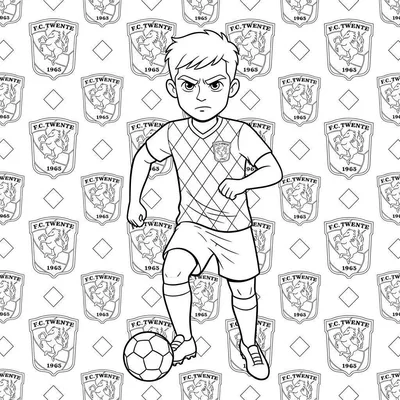 Kleurplaat van een jonge FC Twente voetballer met gefronste wenkbrauwen op een voetbal, omringd door wapenschilden met 'F.C. TWENTE' en het steigende paard.