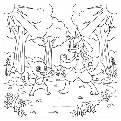 Kleurplaat van Lucario in vechthouding met een lachende katachtige Pokémon in een zonnig bos met bomen en bloemen.