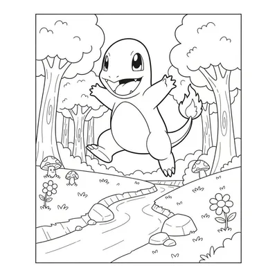 Zwart-wit kleurplaat van een vrolijke, springende Charmander in een bos met bomen, gras, paddestoelen, bloemen en een beekje. De vlam aan zijn staart brandt.