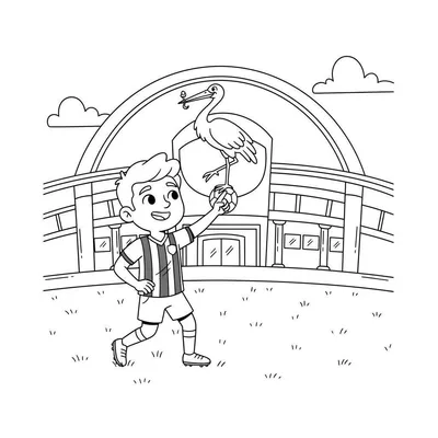 Kleurplaat: Een vrolijke jongen in ADO Den Haag tenue met een voetbal, waarop een ooievaar balanceert met een baby. Op de achtergrond het ADO stadion met boogvormige overkapping, gras en wolken.