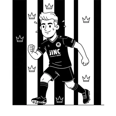 Zwart-wit kleurplaat van een rennende, glimlachende jonge voetballer in een Excelsior-tenue met 'JINC POWERED BY DSW' en de naam 'Carl', omringd door zweetdruppels en kronen.