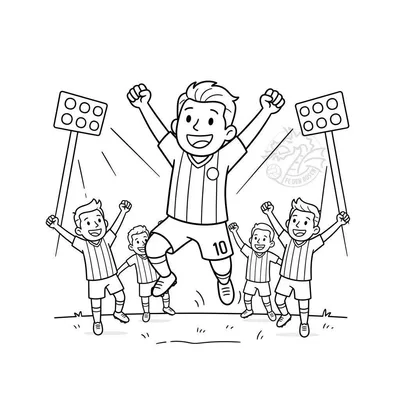 Zwart-wit kleurplaat van juichende FC Den Bosch voetballers. Speler nummer 10 springt triomfantelijk in het midden, omringd door vier teamgenoten. Bovenin is het FC Den Bosch logo zichtbaar en op de achtergrond lichtmasten met ronde lichten.