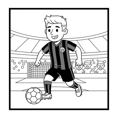 Zwart-wit kleurplaat van een glimlachende jongen in Excelsior voetbaltenue die dribbelt met een bal in een stadion met lachende kinderfans.