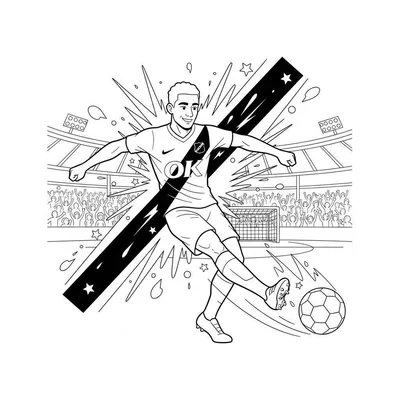 Zwart-wit kleurplaat van een lachende NAC Breda voetballer met 'OK' op zijn shirt, die de bal schopt in een vol voetbalstadion met juichend publiek en een doel op de achtergrond. Dynamische lijnen suggereren beweging en energie.