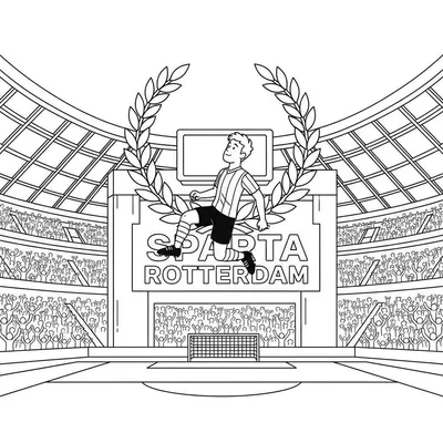 Kleurplaat van een Sparta Rotterdam voetballer in actie voor een juichend stadion met 'SPARTA ROTTERDAM' op het scorebord en een voetbaldoel.