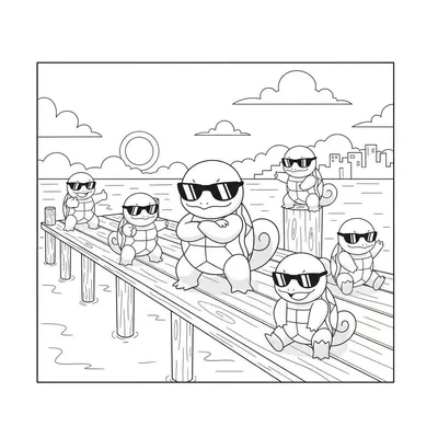 Zwart-wit kleurplaat van zes coole, Squirtle-achtige wezens met zonnebrillen op een houten steiger boven water, met een grote zon/maan en stadsilhouet op de achtergrond.