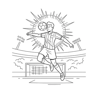 Zwart-wit kleurplaat van een Sparta Rotterdam voetballer in de lucht die de bal kopt, met een stadion, stadionlichten en een doel op de achtergrond. De tekening benadrukt actie en dynamiek.