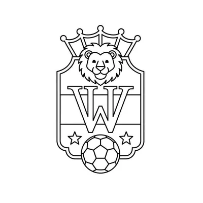 Zwart-wit kleurplaat van het Willem II voetbalclublogo als wapenschild, met kroon, leeuwenkop, letter W, voetbal en twee sterren.