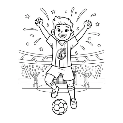 Kleurplaat van een juichende Fortuna Sittard voetballer in een stadion, omringd door confetti en twee andere juichende jongens.